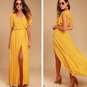 Lulus Yellow Maxi Dress Short Sleeve V-Neck Boho Beach Wrap Full Length Large